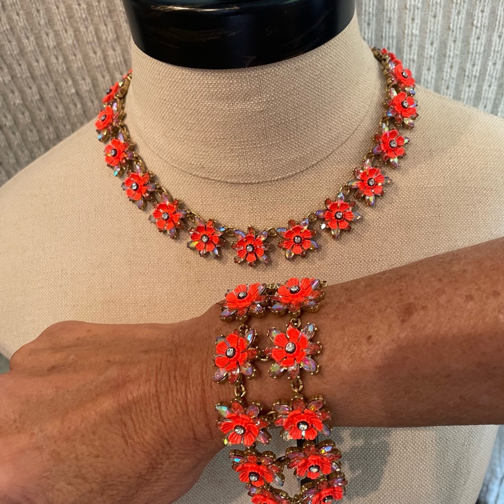 J Crew Flower Aurora Borealis Flower Blossom Statement Necklace and Bracelet